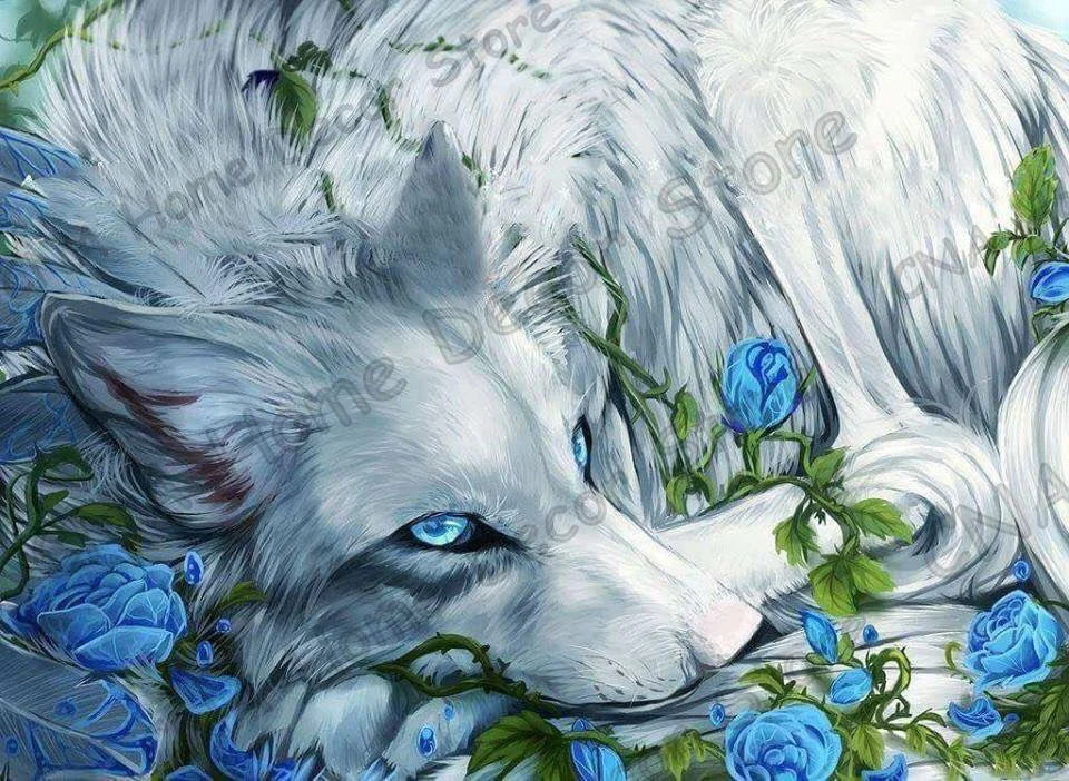 White Wollf 5D DIY embroidery Diamond Painting 3D Cross Stitch kits Mosaic animals blue rose wall