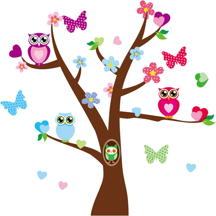 Owl on flower tree Tree Butterfly 60 90cm wall sticker children room background DIY decoration Nursery