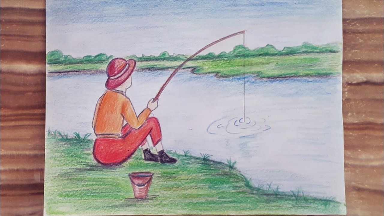 Ловить на легкое. Рыбалка рисунок. Рыбалка рисунок карандашом. Рыбак рисунок. Детский рисунок рыбалка.