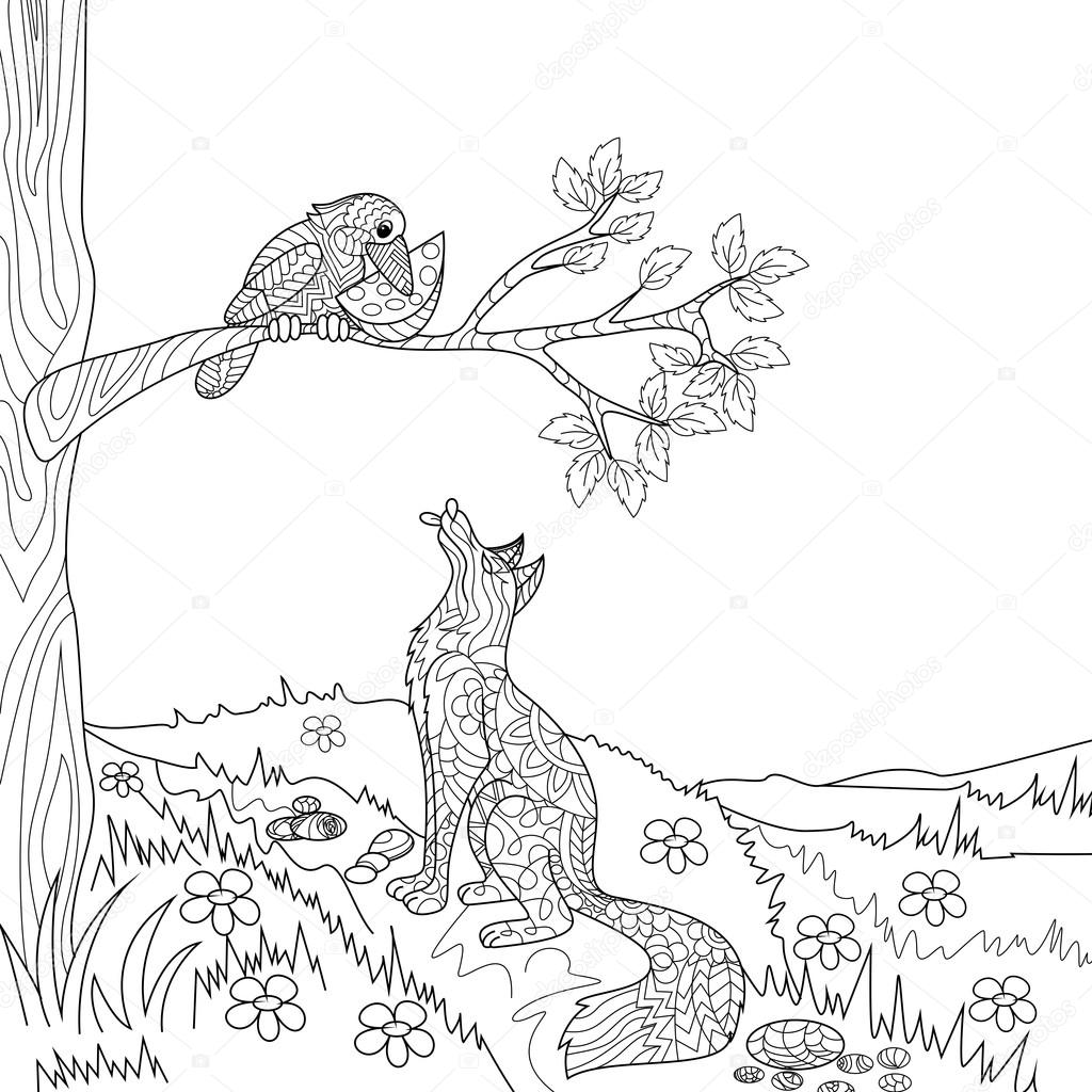 depositphotos 113431422 stock illustration fox and crow fairy tale