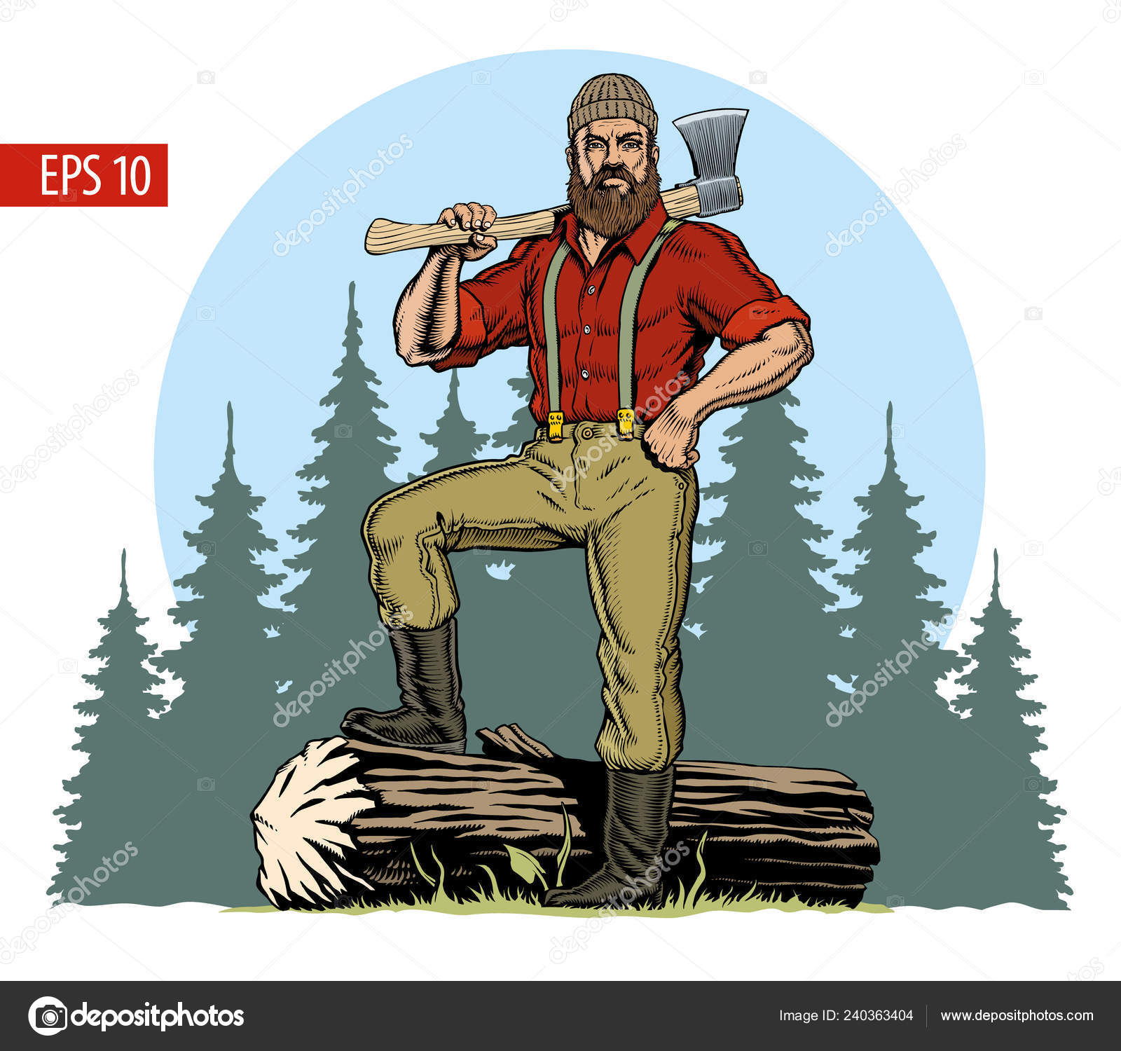 depositphotos 240363404 stock illustration lumberjack axe downed log forest