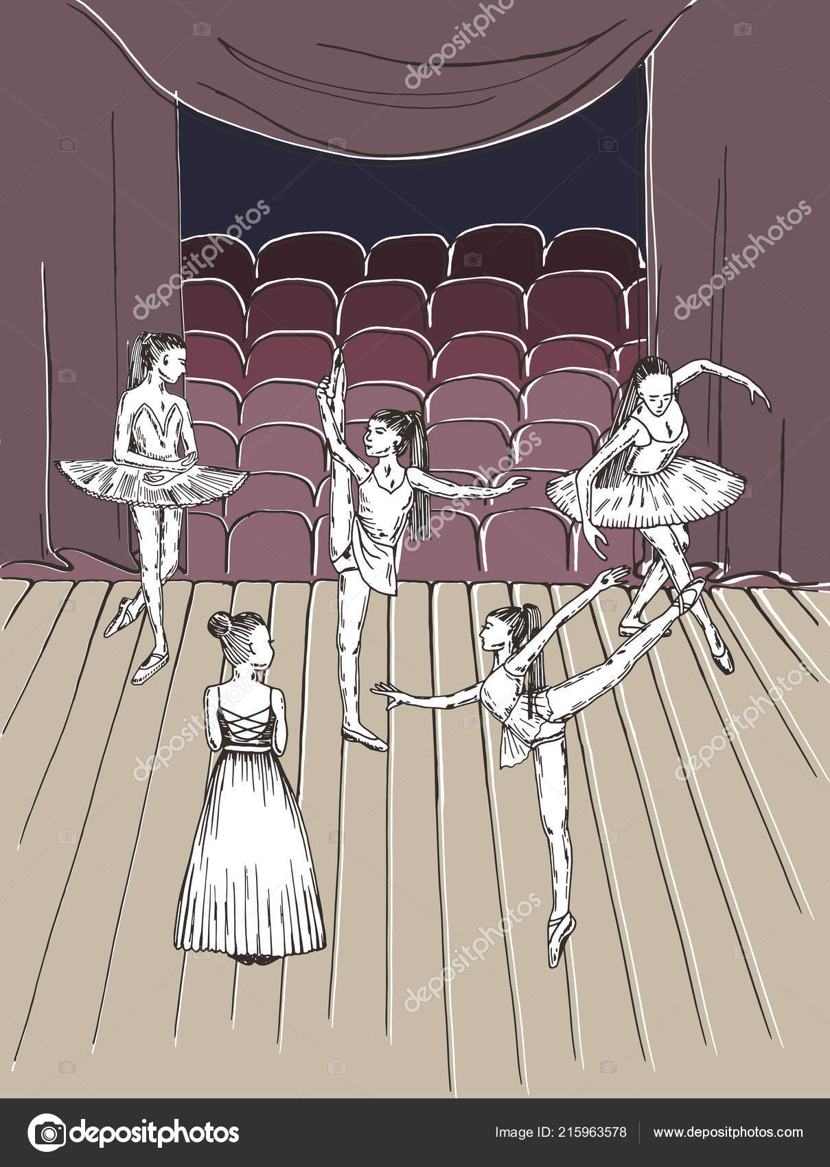 Рисование балерины на сцене