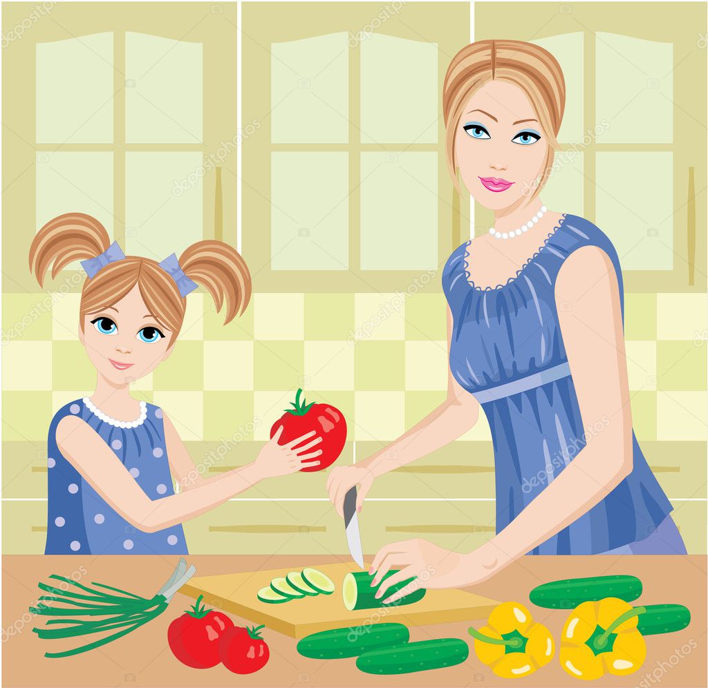 Детский рисунок мама готовит с дочкой