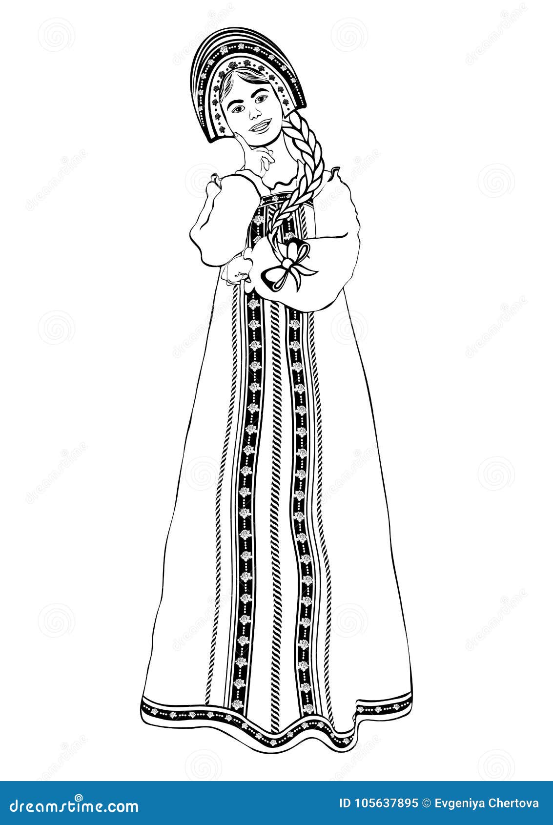 girl russian national costume standing front side vector outline portrait black white contour drawing coloring woman folk 105637895