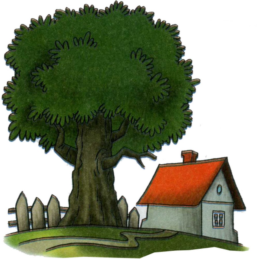 Рисунок деревьев на фоне деревянной постройки